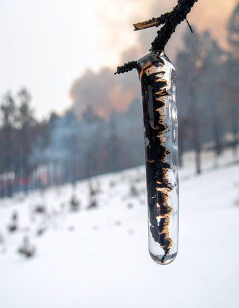 A solitary icicle clings to a charred branch, a stark symbol of nature's resilience.の素材