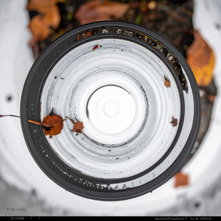 A top-down perspective captures the intricate details of a camera lens resting among fallen autumn leaves.の素材