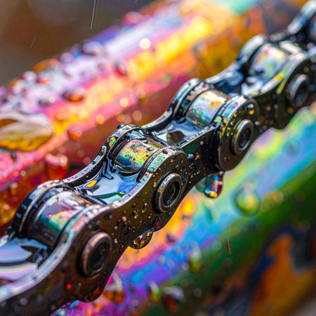 A macro shot captures the intricate details of a high-performance bicycle chain, glistening with water droplets after a ride through the rain.の素材
