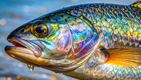 A breathtaking macro view captures the incredible, rainbow-like iridescence of a tarpon's scales.の素材