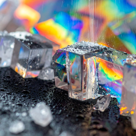 A macro view captures the mesmerizing beauty of crystals as they refract light into a brilliant rainbow spectrum.の素材
