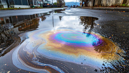 A vibrant, psychedelic rainbow of colors swirls across the surface of a puddle on dark, wet asphalt.の素材