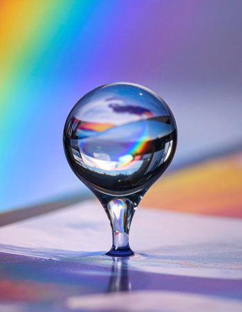 A single, perfect droplet of water acts as a crystal ball, capturing and refracting a vibrant rainbow-hued sky within its tiny sphere.の素材