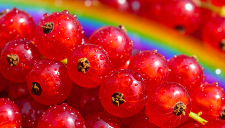 A macro view captures the jewel-like perfection of fresh redcurrants, each berry glistening with tiny water droplets after a summer shower.の素材