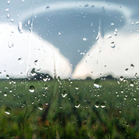 From the safety of indoors, raindrops streak across the window pane, partially obscuring the terrifying and awe-inspiring sight of a powerful tornado funnel forming over a distant field.の素材