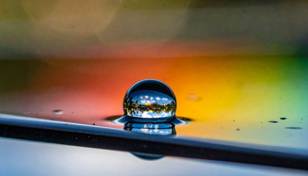 A perfect, glistening water droplet rests on a reflective surface, capturing and refracting a stunning, vibrant rainbow in its tiny form.の素材