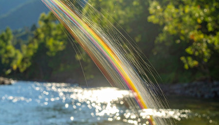 Sunlight refracts through a fine mist of water, creating a brilliant, fleeting rainbow over a sparkling river.の素材