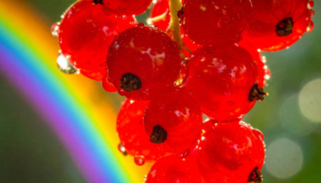 After a gentle summer shower, a cluster of ruby-red currants glistens with fresh raindrops.の素材