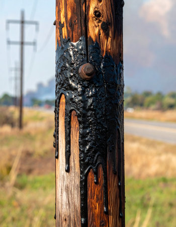 A close-up view captures the raw texture of a weathered wooden utility pole. Thick, black tar or creosote drips down its surface, a testament to its long service and the elements it has endured.の素材
