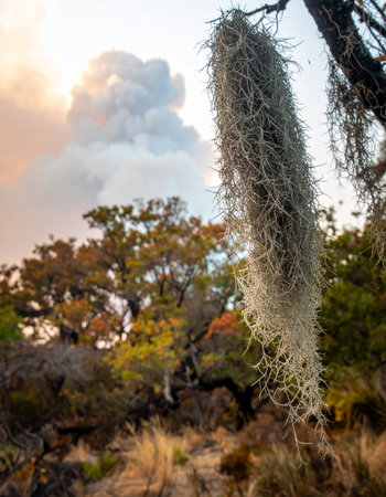 A dramatic scene unfolds as a powerful volcanic plume billows into the sky at sunset, viewed through a delicate curtain of Spanish moss.の素材