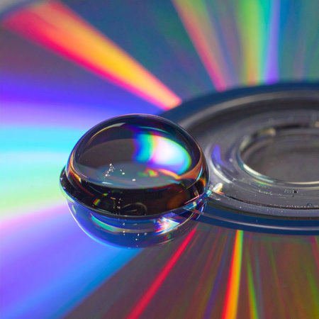 A perfect sphere of water rests on a disc, capturing and refracting a vibrant, rainbow-like spectrum of light.の素材