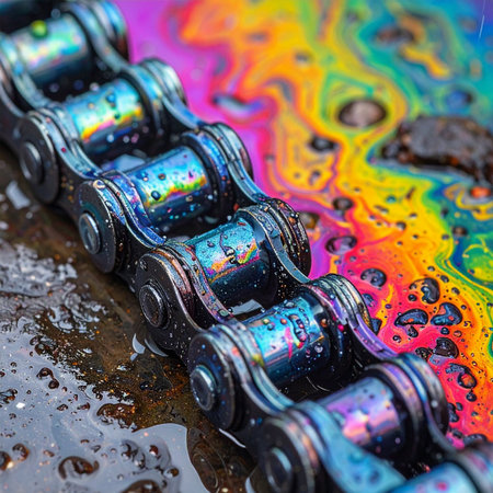 An ordinary industrial chain is transformed into an abstract work of art as it rests in a puddle.の素材