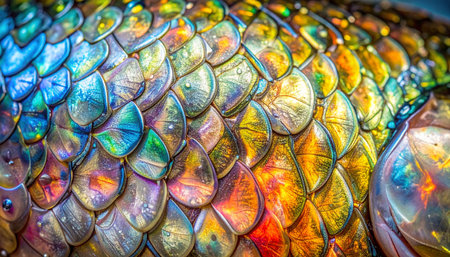 A mesmerizing macro view of shimmering scales, glowing with a holographic rainbow of colors.の素材