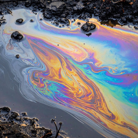 A mesmerizing display of iridescent colors swirls across the surface of a puddle, creating a beautiful yet unsettling abstract pattern.の素材