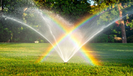On a bright summer day, an automatic sprinkler system casts a refreshing spray across a lush green lawn.の素材