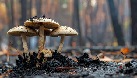 In the quiet aftermath of a forest fire, a cluster of wild mushrooms emerges from the scorched earth.の素材