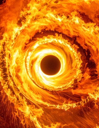 A cataclysmic display of cosmic power as a fiery inferno swirls into the inescapable pull of a singularity.の素材