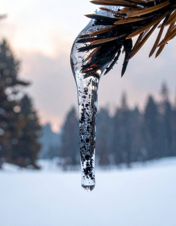 A single, crystal-clear icicle clings to the tip of an evergreen branch, capturing the quiet beauty of a winter landscape.の素材