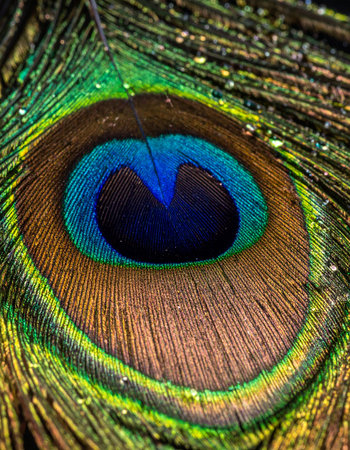 A stunning macro photograph captures the intricate details and iridescent beauty of a peacock's eye feather.の素材