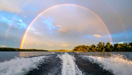A view from the back of a speeding boat captures the powerful wake cutting through the calm lake water.の素材
