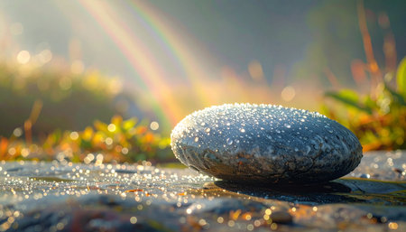 A single smooth stone, adorned with sparkling morning dew, rests peacefully as gentle sun rays break through the foliage.の素材