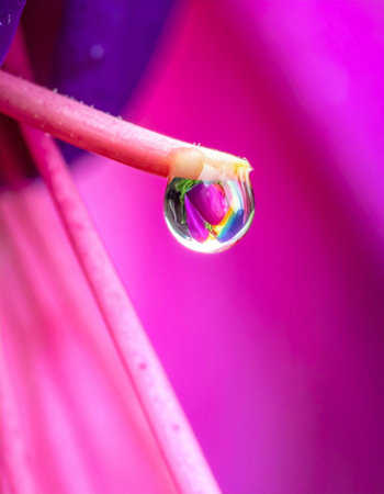 A perfect, crystal-clear water droplet clings to a delicate flower petal, acting as a natural lens.の素材