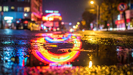 After a downpour, the city street comes alive with a second life.の素材