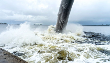 A powerful torrent of untreated wastewater gushes from a large industrial pipe, churning the surface of the river into a murky foam.の素材