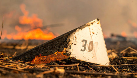 In the devastating aftermath of a raging wildfire, a charred marker with the number 30 lies amidst the scorched earth.の素材