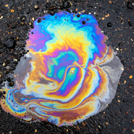A mesmerizing display of psychedelic colors swirls across wet asphalt.の素材