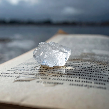 A rough, uncut gemstone, gleaming with untold stories, rests upon the weathered page of an ancient manuscript.の素材