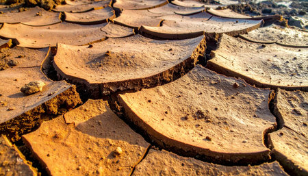 The relentless sun beats down on a barren landscape, baking the earth until it fractures into a mosaic of deep cracks.の素材