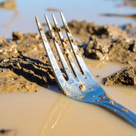 A single metal fork, a remnant of a forgotten meal or a lost picnic, lies abandoned and stuck in a thick, wet mud puddle.の素材