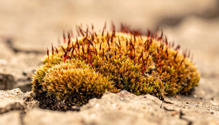 In a stark landscape of cracked, parched earth, a tiny colony of moss defiantly pushes forth its spiky sporophytes.の素材