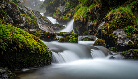 A pristine mountain stream tumbles over moss-covered rocks in a secluded, verdant gorge.の素材
