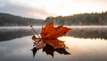 A single, vibrant maple leaf rests on the glassy surface of a tranquil lake as the morning mist rises.の素材