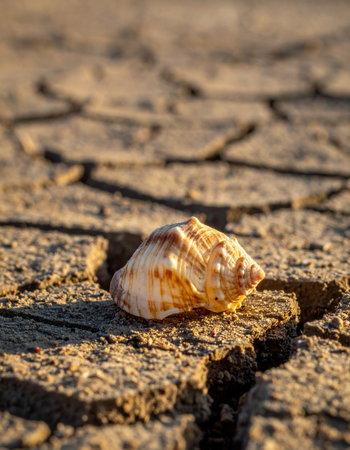 A lone seashell rests on the sun-baked, cracked earth of a dried-up seabed.の素材