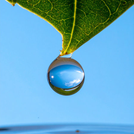 A perfect, crystal-clear droplet of water clings to the tip of a vibrant green leaf, capturing a miniature, inverted world within its sphere.の素材