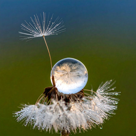 A perfect, crystal-clear water droplet rests in delicate balance on a fluffy dandelion seed head, reflecting the world within its tiny sphere.の素材