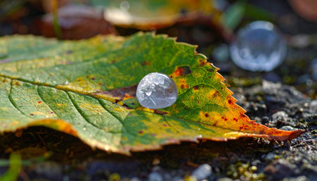 A single, perfect sphere of water rests like a crystal jewel upon a fallen autumn leaf.の素材