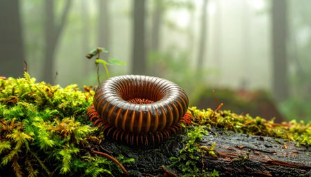In the heart of a misty, atmospheric forest, a millipede curls into a protective spiral on a vibrant green, moss-covered log.の素材