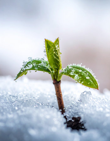 A tiny, vibrant green sprout, adorned with droplets of melting ice, bravely pushes its way through a blanket of late winter snow.の素材