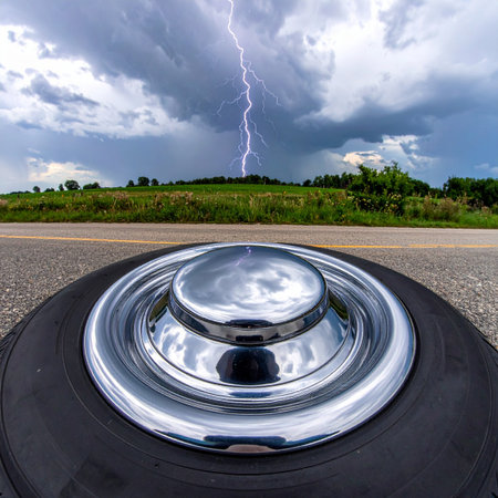 A dramatic lightning bolt strikes from a turbulent sky, its raw power reflected in the polished chrome hubcap of a classic car.の素材