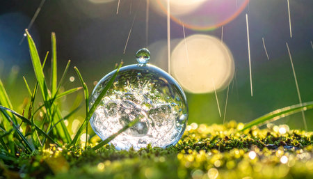 In the quiet of a gentle evening rain, a single water droplet rests on a blade of grass, transforming into a tiny crystal ball.の素材