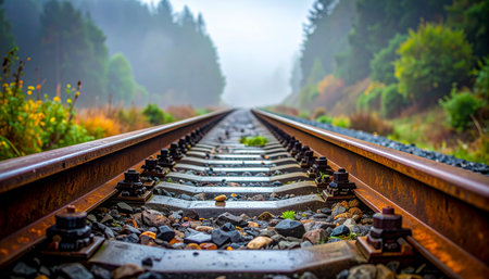A low-angle perspective of a railway line stretching into the distance, disappearing into a dense, foggy forest.の素材