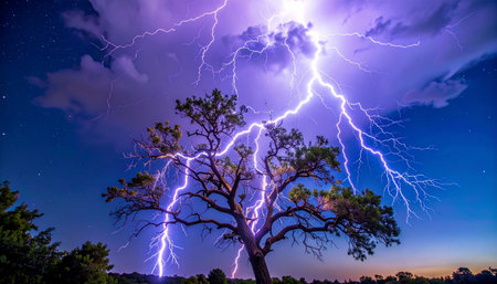 Under a turbulent, dark sky, a massive thunderstorm unleashes its fury.の素材