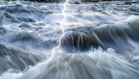 A brilliant fork of lightning tears through the dark sky, striking the heart of a chaotic, churning sea.の素材