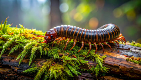 A giant millipede makes its slow and steady journey across a lush, moss-covered log on the forest floor.の素材