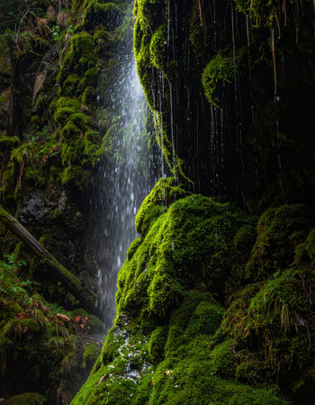 A gentle stream of water, illuminated by a single ray of sunlight, cascades down a dark, narrow rock face covered in vibrant green moss.の素材