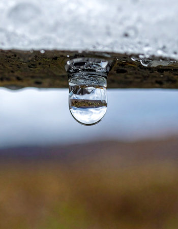 A single, perfect droplet of water hangs precariously, capturing an inverted world within its clear surface.の素材